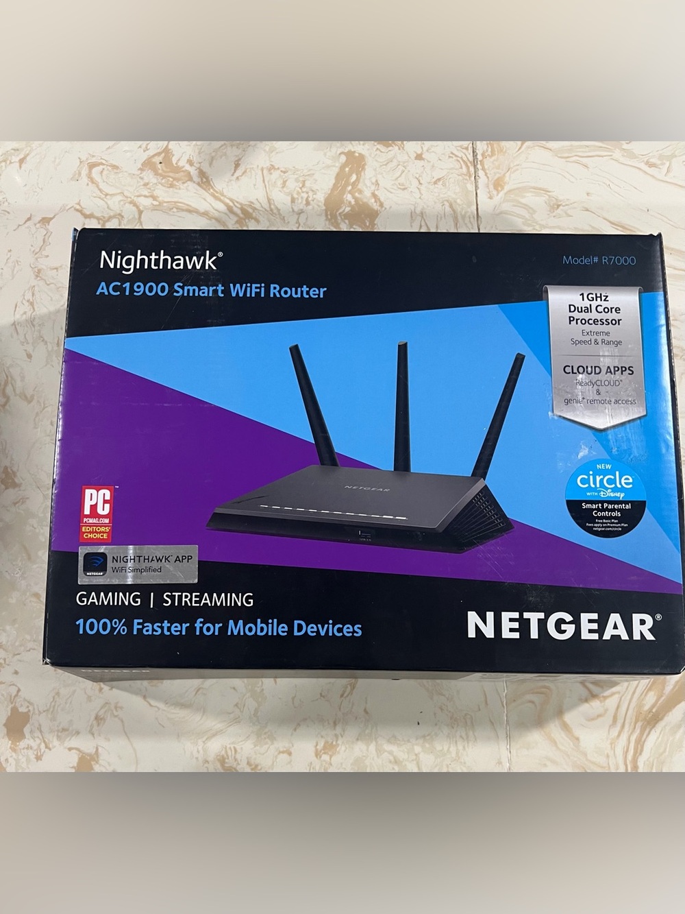 netgear Nighthawk AC1900 Smart WiFi Router Black with Blue & Purple Accent Box
